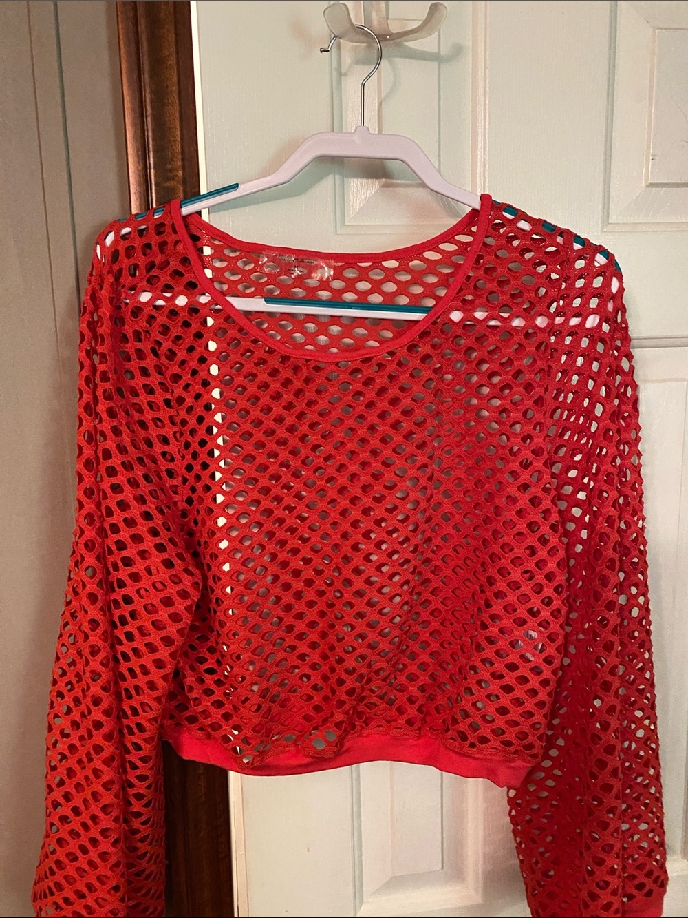Bright Red Open Weave Cropped Long-Sleeve Top